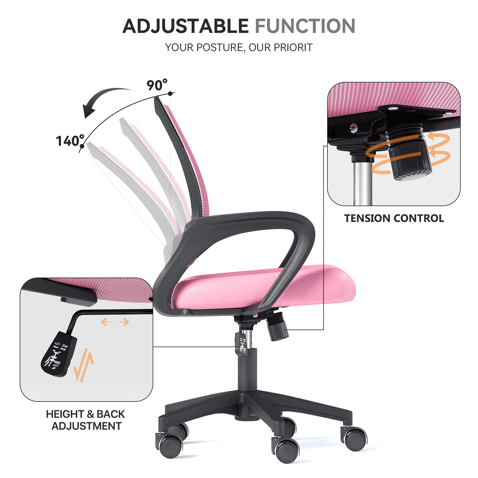OSM 2-Pack Ergonomic Mesh Office Chairs, Mid-Back Desk Chair with Lumbar Support, Swivel Computer Task Chair for Home Office, Gaming & Study, 300 lbs Capacity, Pink