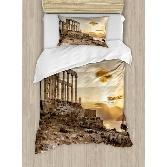 Ambesonne Pillar Duvet Cover Set, Greek Buildings Poseidon, Twin, Beige Taupe