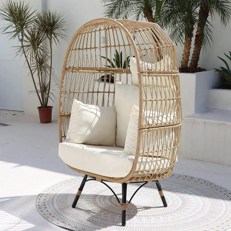 NICESOUL 3 Pcs Boho Outdoor Egg Chair with Fire Pit Table Wicker PatioFurniture Sets Cream