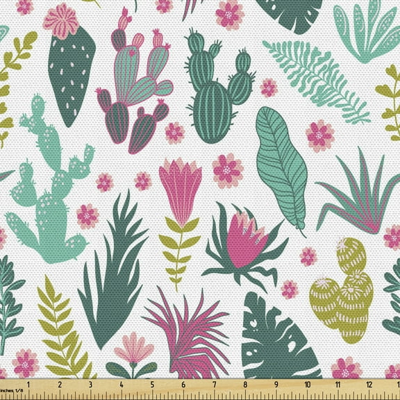 Botanical Upholstery Fabric by the Yard, Succulent Plants Flowering Cactus Tropical Leaves Monstera Branches, Decorative Fabric for DIY and Home Accents, Teal Pink Yellow Green by Ambesonne