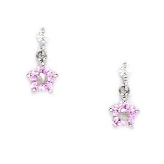 14k White Gold Pink Cubic Zirconia Small Flower Shaped Drop Screw-Back Earrings - Measures 10x5mm