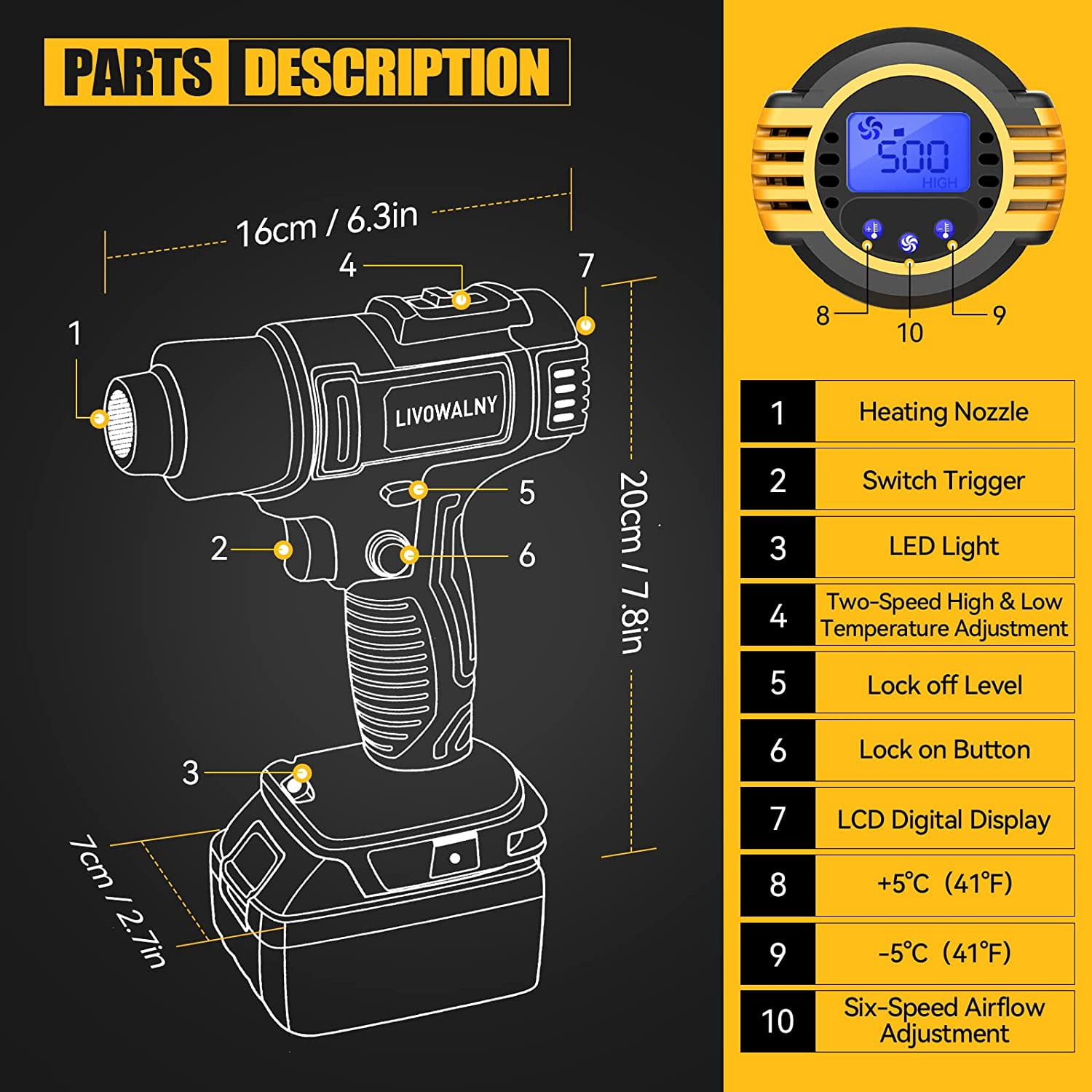 Ecarke Digital Display Cordless Heat Gun Hot Heating Equipment for Dewalt DCE530B 20V Max (Tool Only）