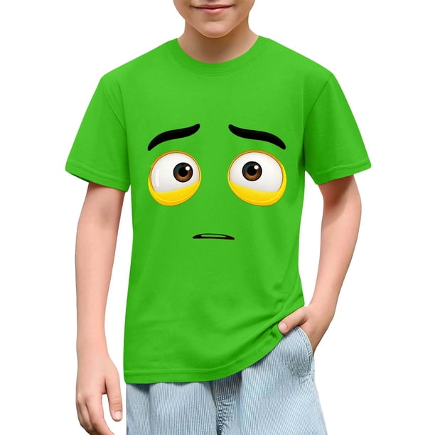 Blusas y camisas de manga corta con cuello redondo para niños y niñas, color liso, con estampado de expresión linda, manga corta, holgadas y cómodas, blusa para niña