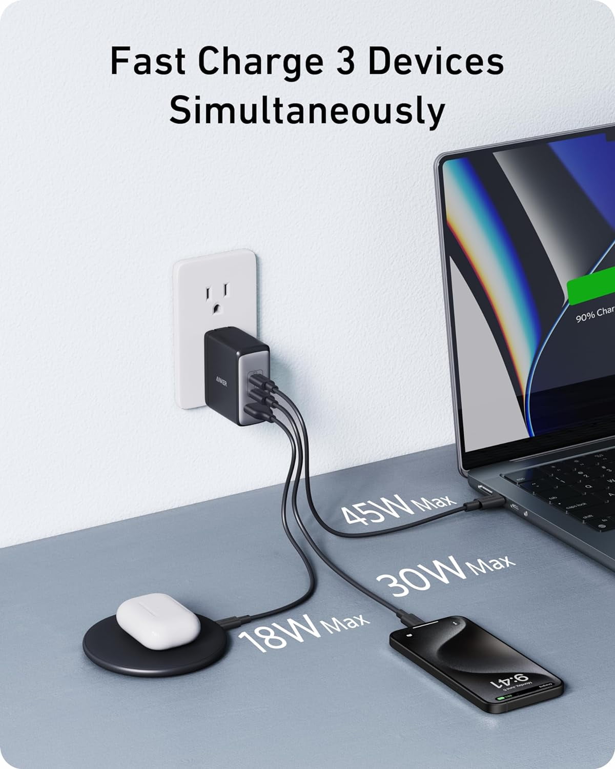 Anker Nano 100W USB-C Charger, 3-Port Fast Compact GaN Charger, Compatible for MacBook Pro/Air, ThinkPad, Dell, iPad Pro, iPhone 15 Series, Galaxy S23, and More (USB-C to USB-C Cable Included)