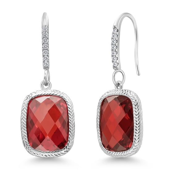 Gem Stone King 4.60 Cttw Orange and White Zirconia Dangle Fish Hook Drop Earrings for Women | 925 Sterling Silver | 13X9MM Cushion Checkerboard Cut