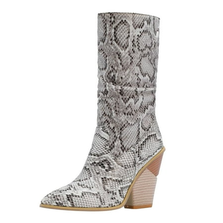 

Beautiful Print Western Ankle High Boots Calf Women Stacked Heel Point Toe Boots