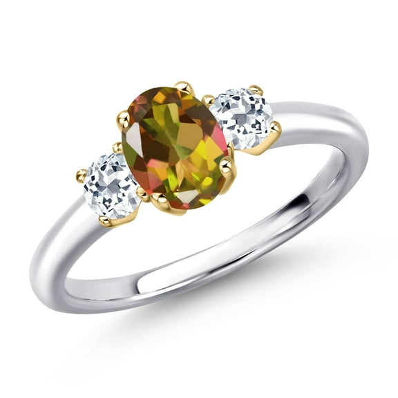 Gem Stone King 925 Silver and 10K Yellow Gold Mango Mystic Topaz and White Topaz Engagement Ring for Women | 1.63 Cttw | Oval 7X5MM | Gemstone November Birthstone | Size 6