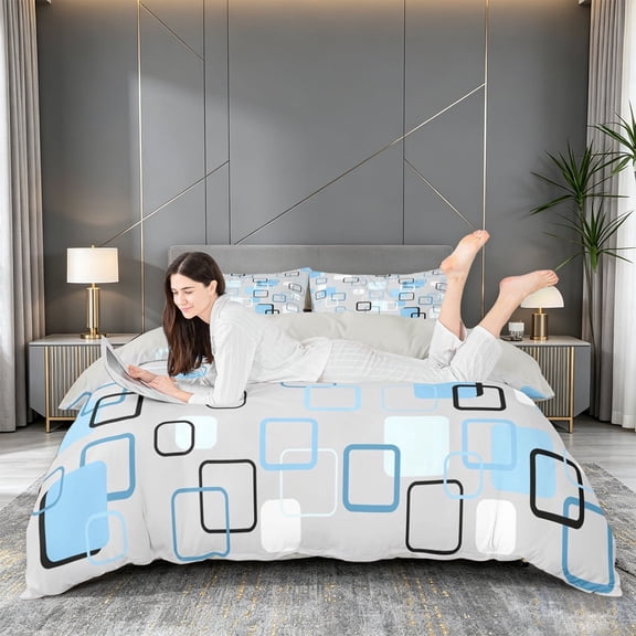meiyoeat Abstract Geometric Plaid Duvet Cover Queen For Kids,Modern 3D Grid Print Queen Bedding For Adults,Light Gray Reversible,3pcs(No Comforter)