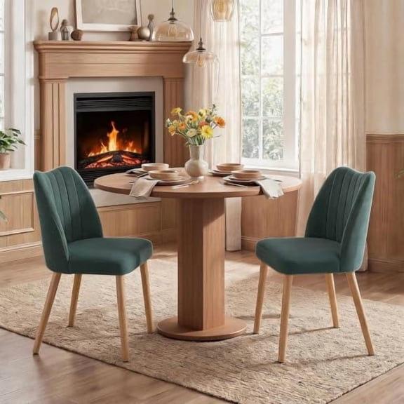 Set of 2 Ergonomic Upholstered Farmhouse Dining Chairs with Solid Wood Legs