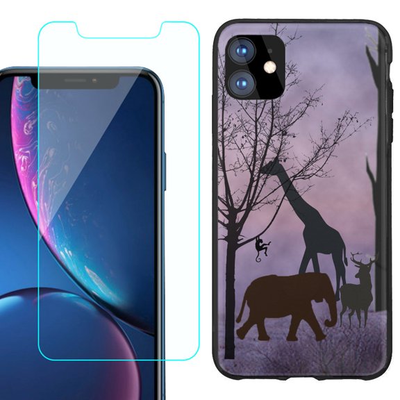 For Apple iPhone 11 Phone Case , Slim-Fit TPU Protective Case (Black), with Tempered Glass Screen Protector, by OneToughShield ® - Twilight Safari
