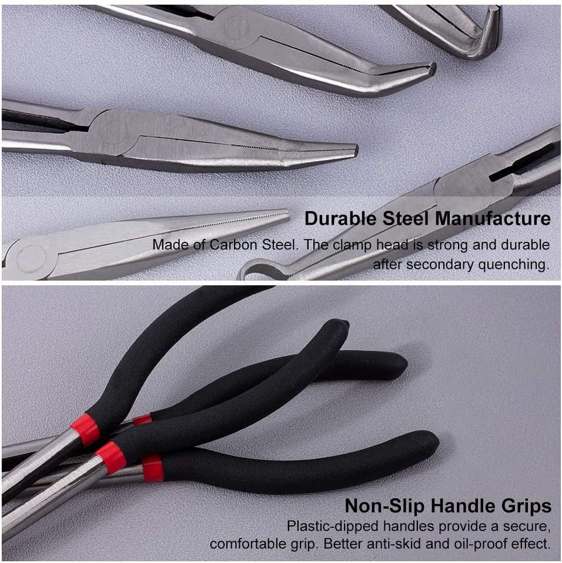 5 Pcs Mini Carbon Steel Lengthened Jewelry Plier Sets Include 25°45°90°Curved Nose Pliers Long for Jewelry Making Reach Hose Grip Pliers and Straight Needle Nose Pliers