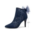 thumbnail image 2 of BLISSFUL STEP Women's Floral Lace Pointed Toe Ankle Boots Tulle Bow Stiletto Heel Wedding Dress Booties Dark Blue 6.5, 2 of 5