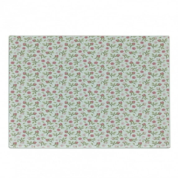 Floral Cutting Board, Top View and Side View of Rosebuds and Falling Green Leaves on a Plain Background, Decorative Tempered Glass Cutting and Serving Board, Small Size, Multicolor, by Ambesonne