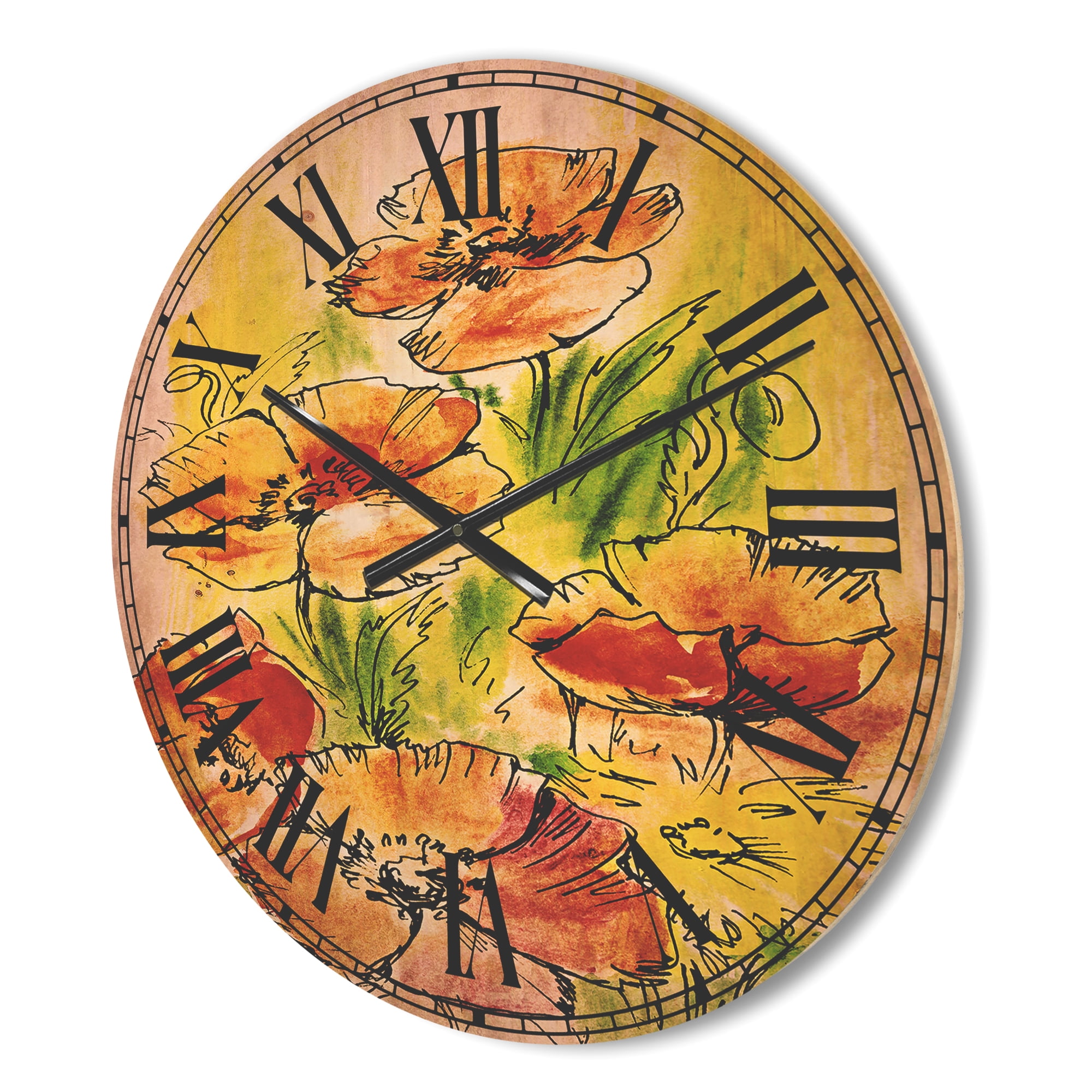 Designart 'Bouquet Poppies' Floral Wood Wall Clock