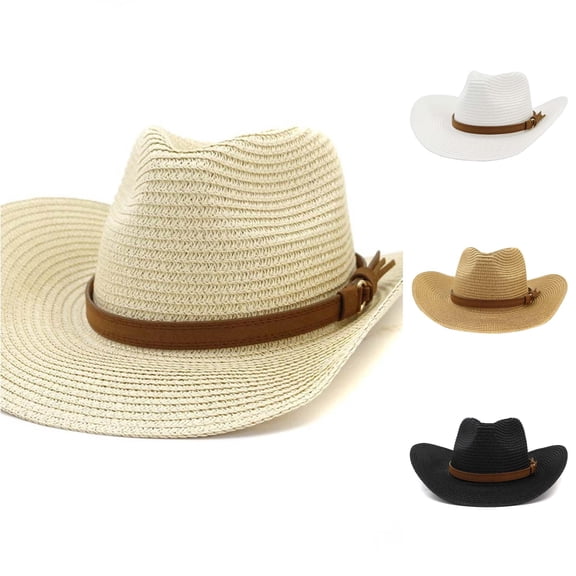 LiuXxxx Wide Brim Western Straw Hat for Men Women Unisex Cowboy Cap Beach Sun Outdoor Summer Casual Baseball Style Beige