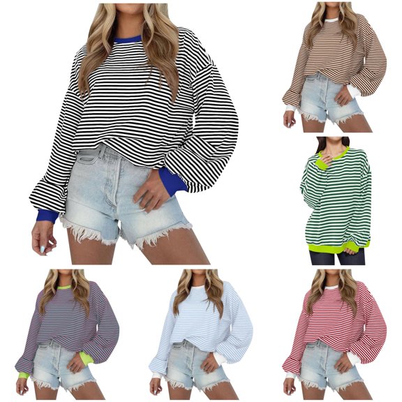 Tanghaowl Women Sweatshirt Trendy Women Striped Color Block Long Sleeve Crew Neck Pullover T Shirt with Fashionable Design Black S