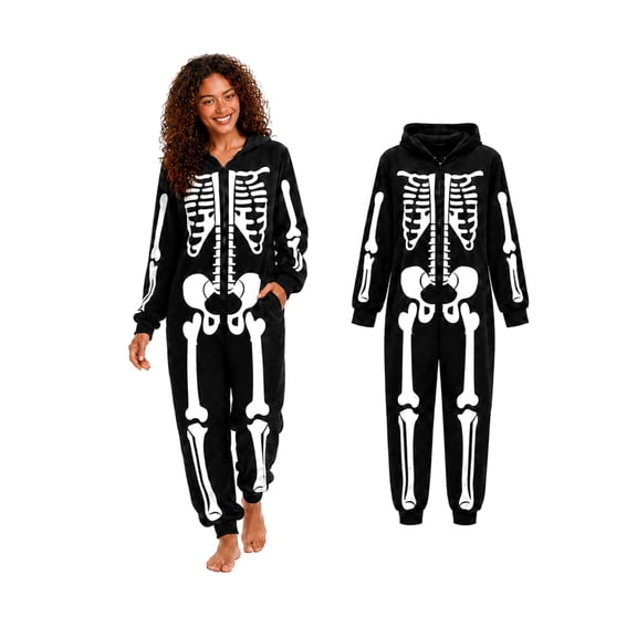 Ahititi Adult Skeleton Halloween Costume Onesie, Hooded Zip-Up Fleece Jumpsuit Pajamas for Party, Cosplay & Lounging,L
