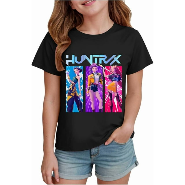 K pop Demon Chandail pour Filles, T-Shirt Graphique Mignon avec Dessin Animé, T-Shirt Tendance et Drôle, Chandail pour Enfants, Hauts Roses, Manches Courtes, Col Ras du Cou