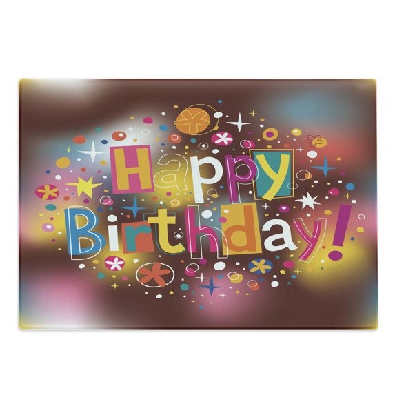 Birthday Cutting Board, Colorful Fun Graphic Lettering with Stars Dots Daisies on a Blurred Background, Decorative Tempered Glass Cutting and Serving Board, Large Size, Multicolor, by Ambesonne