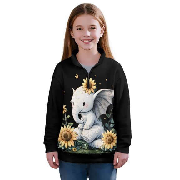 Uorisanigo Girls Half Zip Pullover Sweatshirt Fall Trendy Sunflower Elephant Long Sleeve Lapel Zipper Sweatshirt Oversized Drop Shoulder Pullover Top for Vacation Shopping Exercise Wear