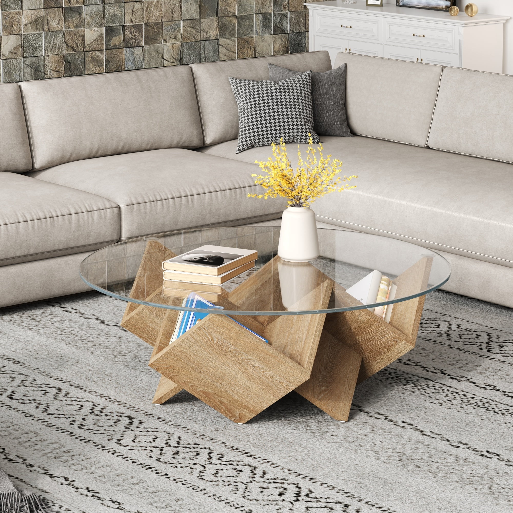 35.4-Inch Round Coffee Table with Tempered Glass Top and Geometric Art Deco Base, Storage Shelf Table and Center Table for Living Room, Natural