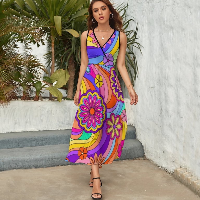 knee length dresses for ladies 70s Groovy Sun Hippie Dress Womens Off The Shoulder Wrap Long Dress 3XL