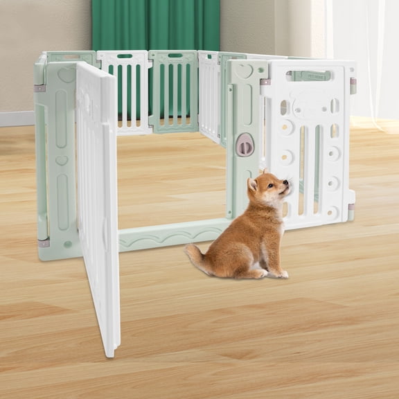11 Panels Pet Barrier, Dog Playpen with Door, HDPE, Pet Safety Fence for Indoor, Green and White