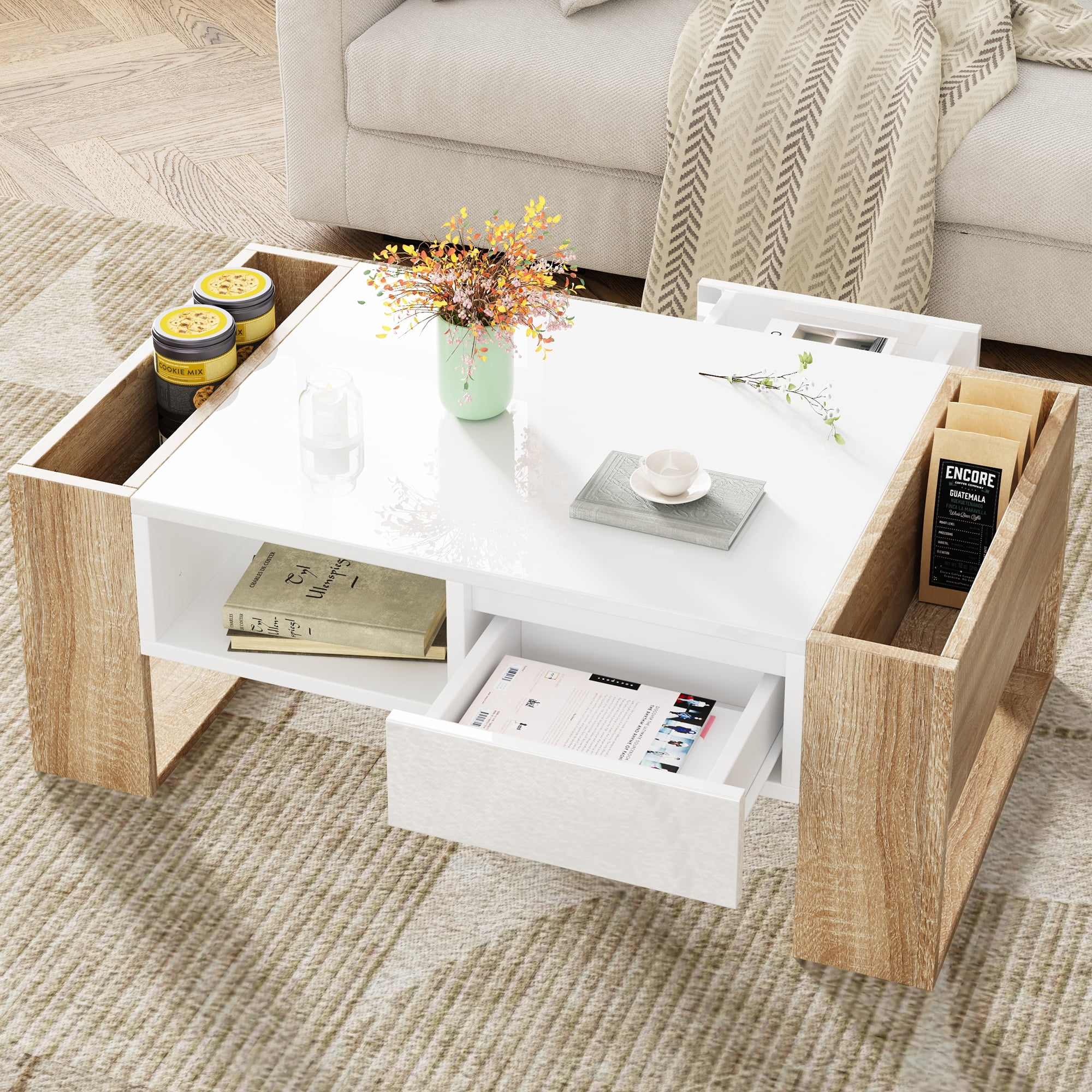 MAYEERTY High Glossy Coffee Table with 2 Drawers & Open Storage Shelf, Two-Tone Rectangle Center Table with Hidden Compartments, Modern Cocktail Table for Living Room, Bedroom, White, 41.3 x 23.6"