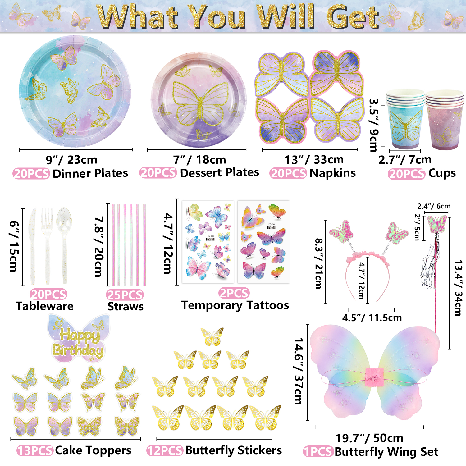 256 Pcs Butterfly Party Decorations - Including Plates, Tablecloth, Balloons, Banner, Butterfly Stickers, Cups, Butterfly Wing Set for Butterfly Birthday Decorations, Fairy Party Supplies - image 2 of 7