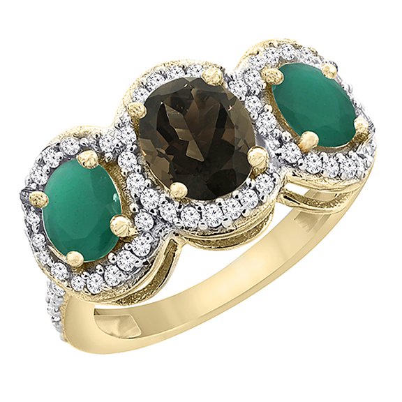 14K Yellow Gold Natural Smoky Topaz & Emerald 3-Stone Ring Oval Diamond Accent, size 8