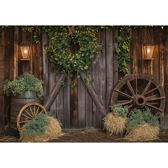 Allenjoy Rustic Barn Wood Door Wheel Backdrop