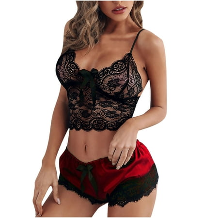 

Sexy Pajama Set for Women Spaghetti Strap Lace Cami and Shorts Two Piece Satin Lingerie Nightwear Sleepwear PJ Sets Womens Clothes