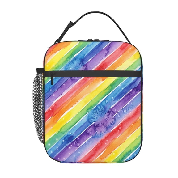Rainbow Lunch Box Reusable Insulated Lunch Bag Office Commuting Colorful Stripes Theme Cooler Case Pouch Thermal Tote Side Mesh Pocket Holder