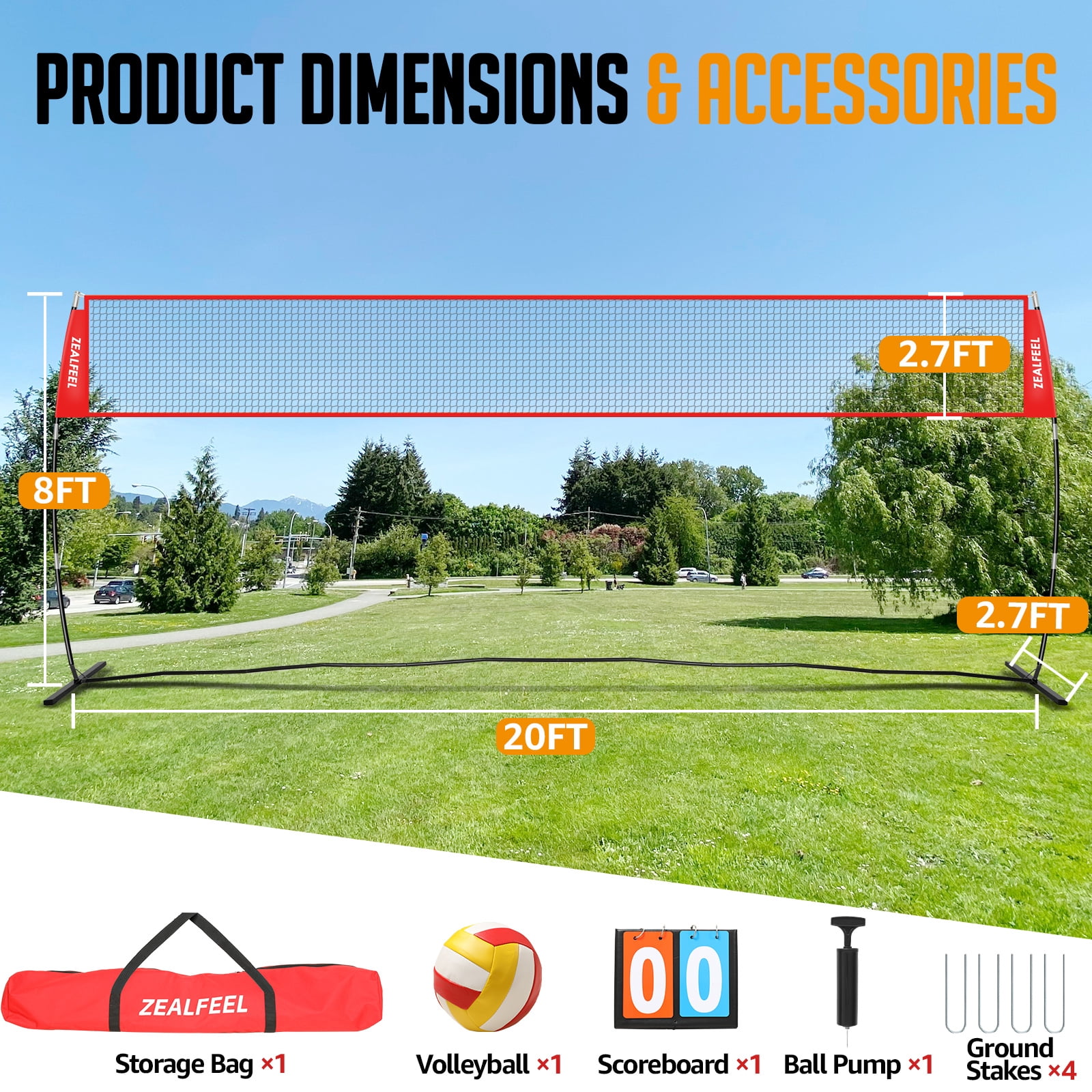 Zealfeel 20ft Volleyball Net Set: Height Adjustable Freestanding Training Net for Backyard & Outdoor Use. Includes All Accessories and Carry Bag