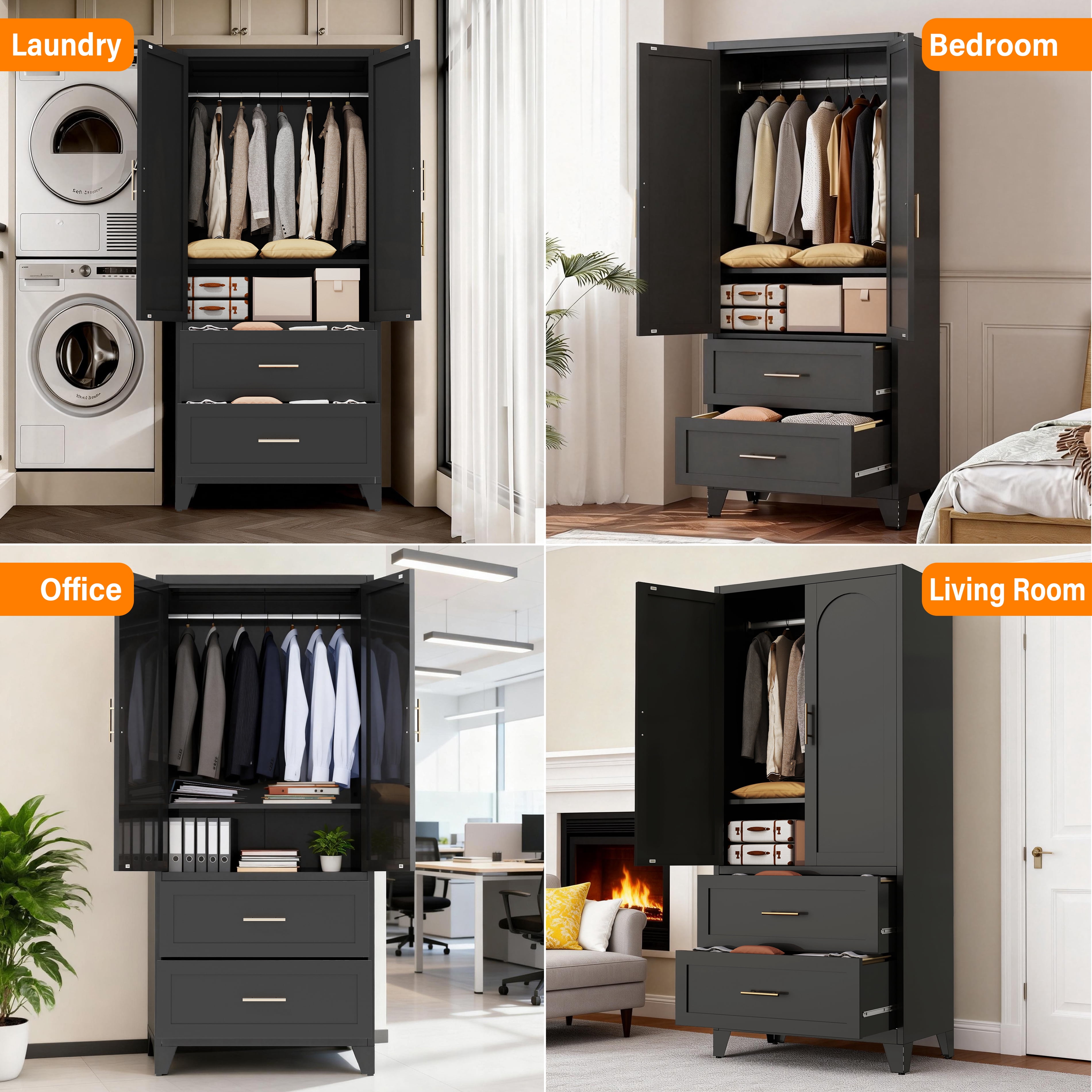 Miniyam 71" Tall Metal Wardrobe Cabinet with 2 Drawers & Hanging Rod, 2-Door Storage Closet for Bedroom Office Laundry Room (Black)