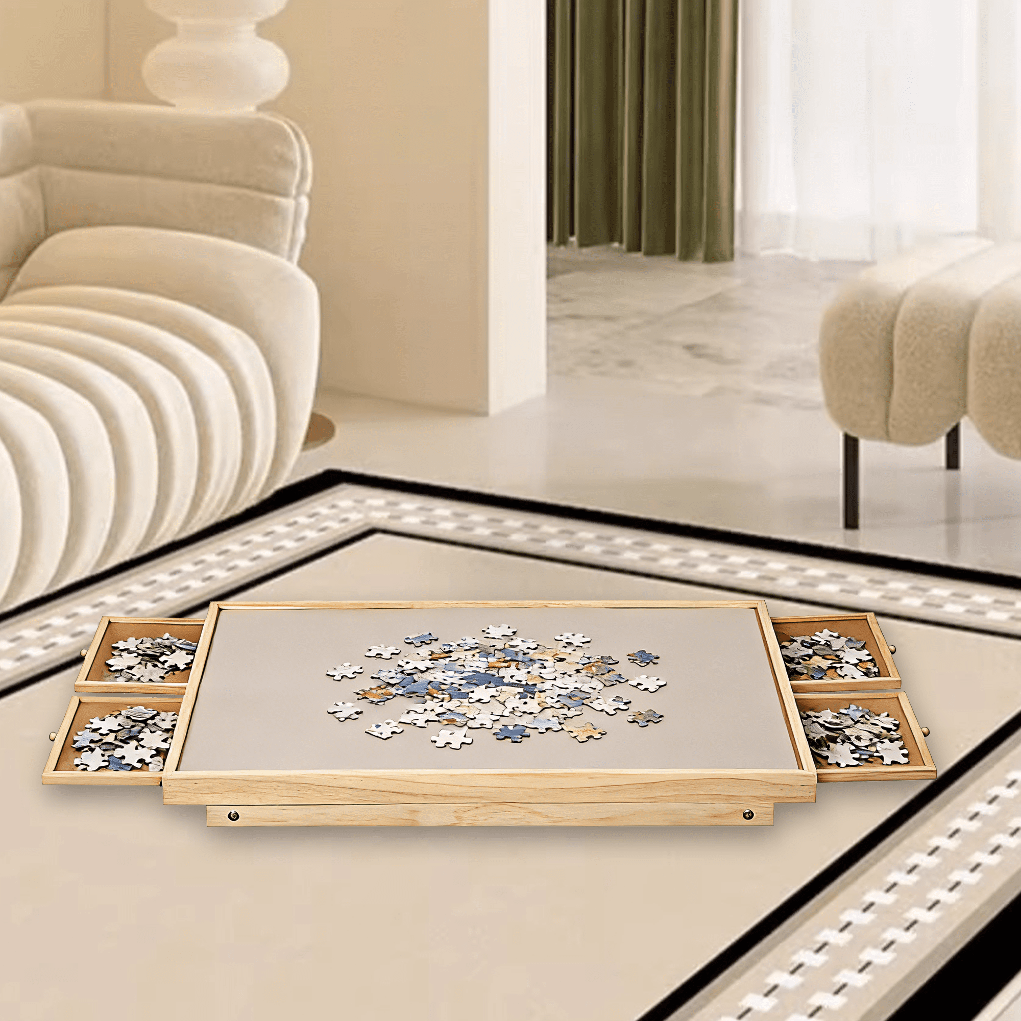 1500 Piece Puzzle Table with Folding Legs and 4 Sliding Drawers,34.3 "x 26.5" Wooden Jigsaw Puzzle Board with Protective Coverfor Adults