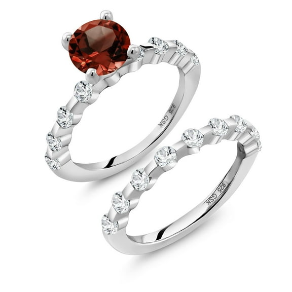 Gem Stone King 925 Sterling Silver Red Garnet and White Topaz Wedding Engagement Ring Band Bridal Set for Women (2.86 Cttw, Gemstone January Birthstone, Round 7MM, Size 5)