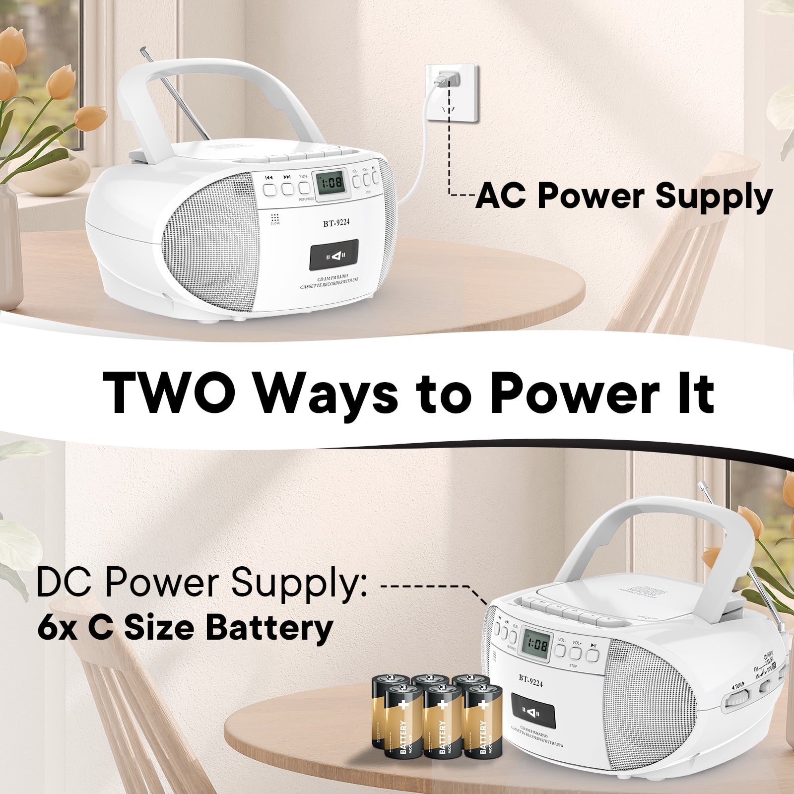 Boombox CD and Cassette Player,Casette Tape Recorder with Remote,AM FM Radio, USB Playback with Earphone Jack, 5.1V Bluetooth Speaker, Battery Operated or AC Powered for Home