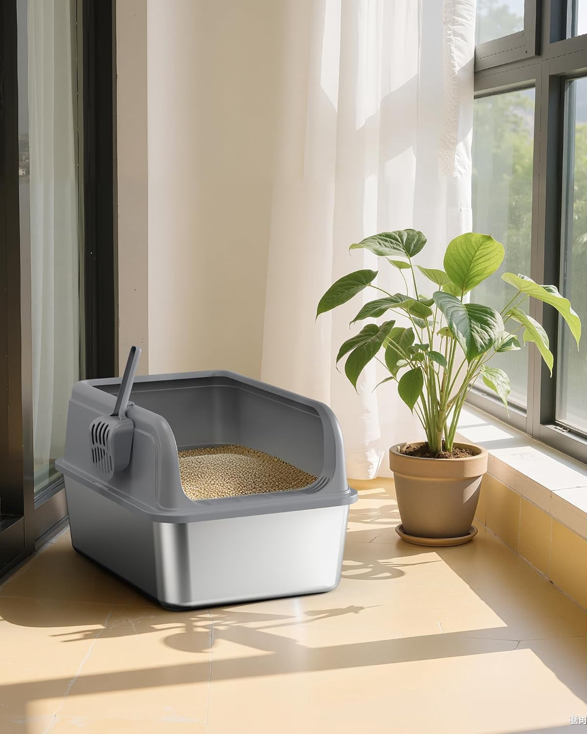 Stainless Steel Cat Litter Box with Scoop, High Sided Anti-Leakage Top Entry, Non-Sticky Easy to Clean Grey Metal Pet Pan