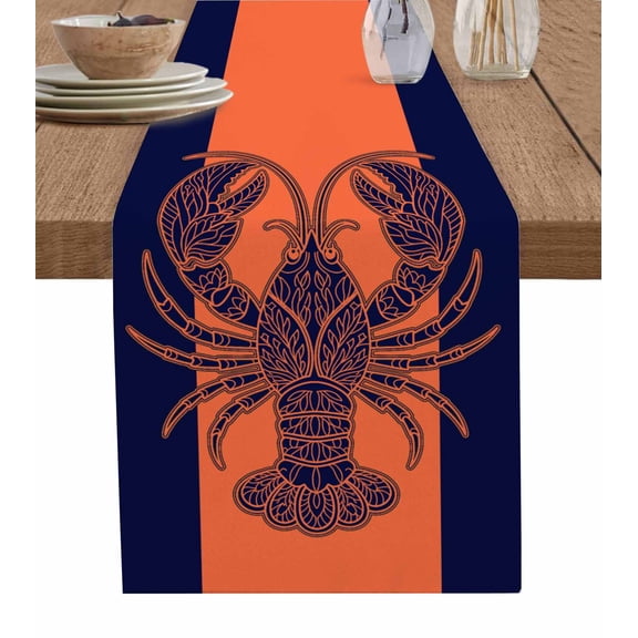 Table Runner 60 Inches Long for Kitchen Dining, Orange Navy Blue Lobster Dresser Scarf Farmhouse, Dining Table Decorations for Wedding/Parties, Summer Beach Coastal Modern Art 13 x 60 In