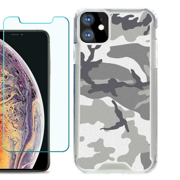 For Apple iPhone 11 Case, Hybrid Bumper Phone Case, with Tempered Glass Screen Protector, by OneToughShield ® - Urban Camo