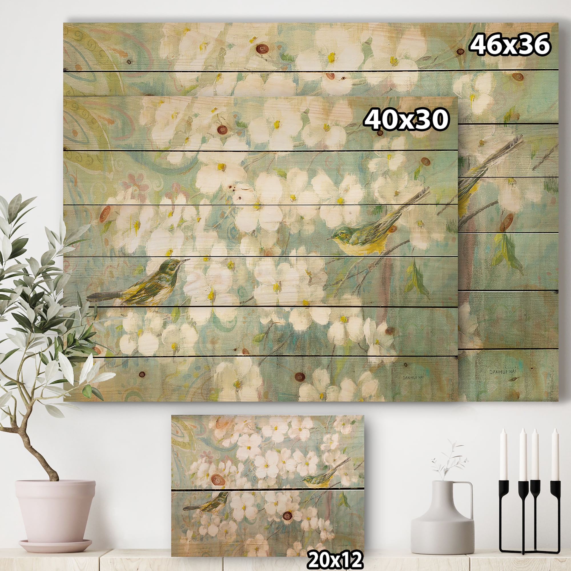 Designart 'Birds Sitting on Blossom Branch' Traditional Print on Natural Pine Wood
