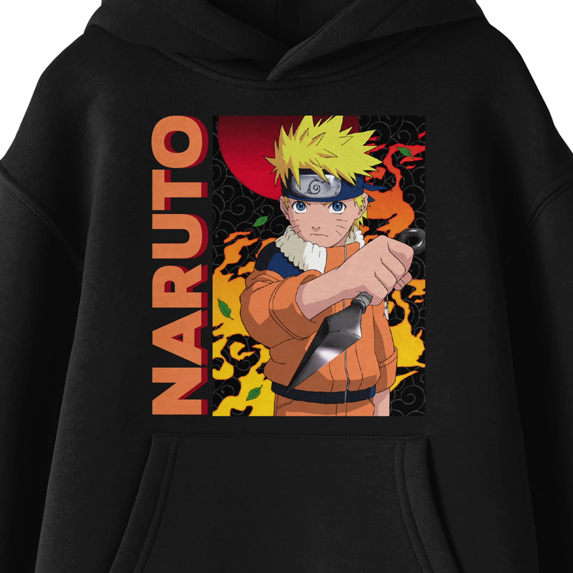 Naruto Main Character On Elemental Background Long Sleeve Youth Black Hooded Sweatshirt-Medium