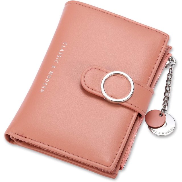 Cartera pequeña para mujer, delgada, compacta, de piel sintética, con dos bolsillos, monedero con cremallera y tarjetero (rosa)