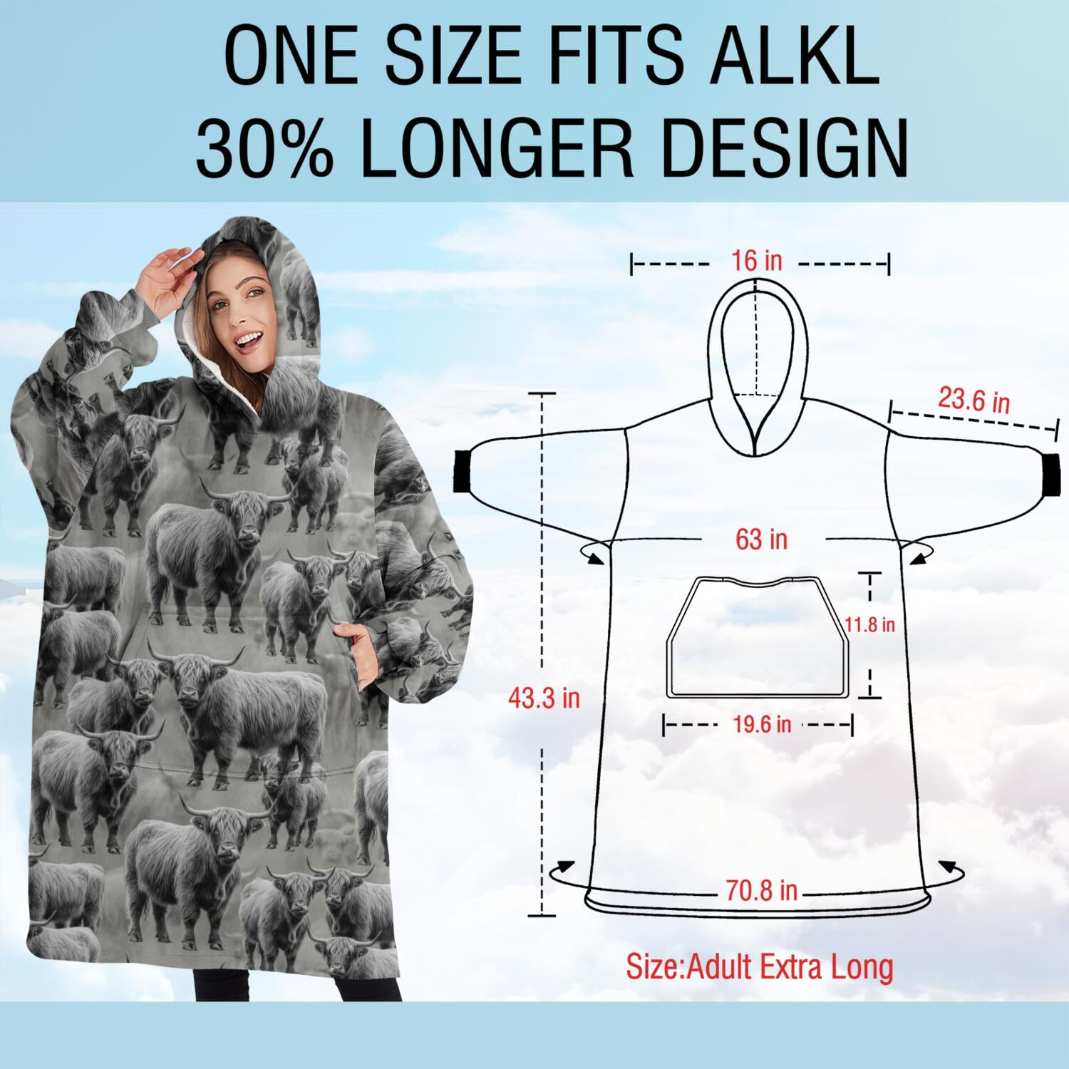 Oversized Wearable Blanket Hoodie,Gray Highland Cow Group Pattern Sherpa Blanket Hoodie with Super Pockets,Super Warm Fuzzy Pullover for Women & Men