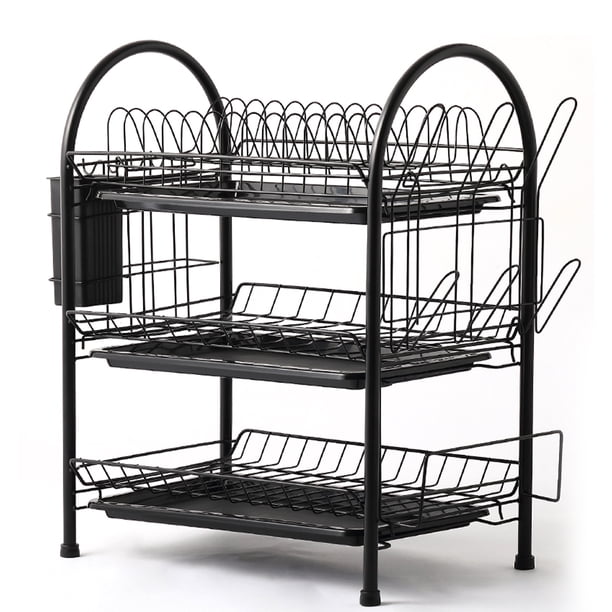 Escurridor de platos Irfora Estante para secar platos Estante para platos de acero de 3 niveles con tabla de drenaje extraíble Estante de almacenamiento para escurridor de platos Soporte para utensil