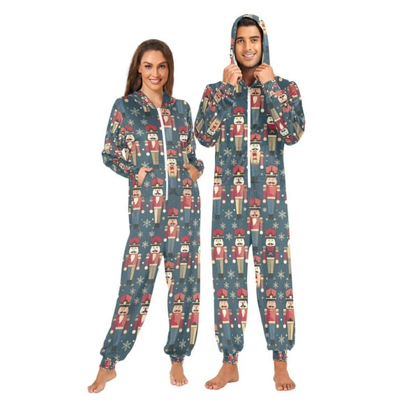 Adult Christmas Onesie Nutcracker Pattern Adult Zipper One-Piece Pajamas Unisex Pajamas with Pockets
