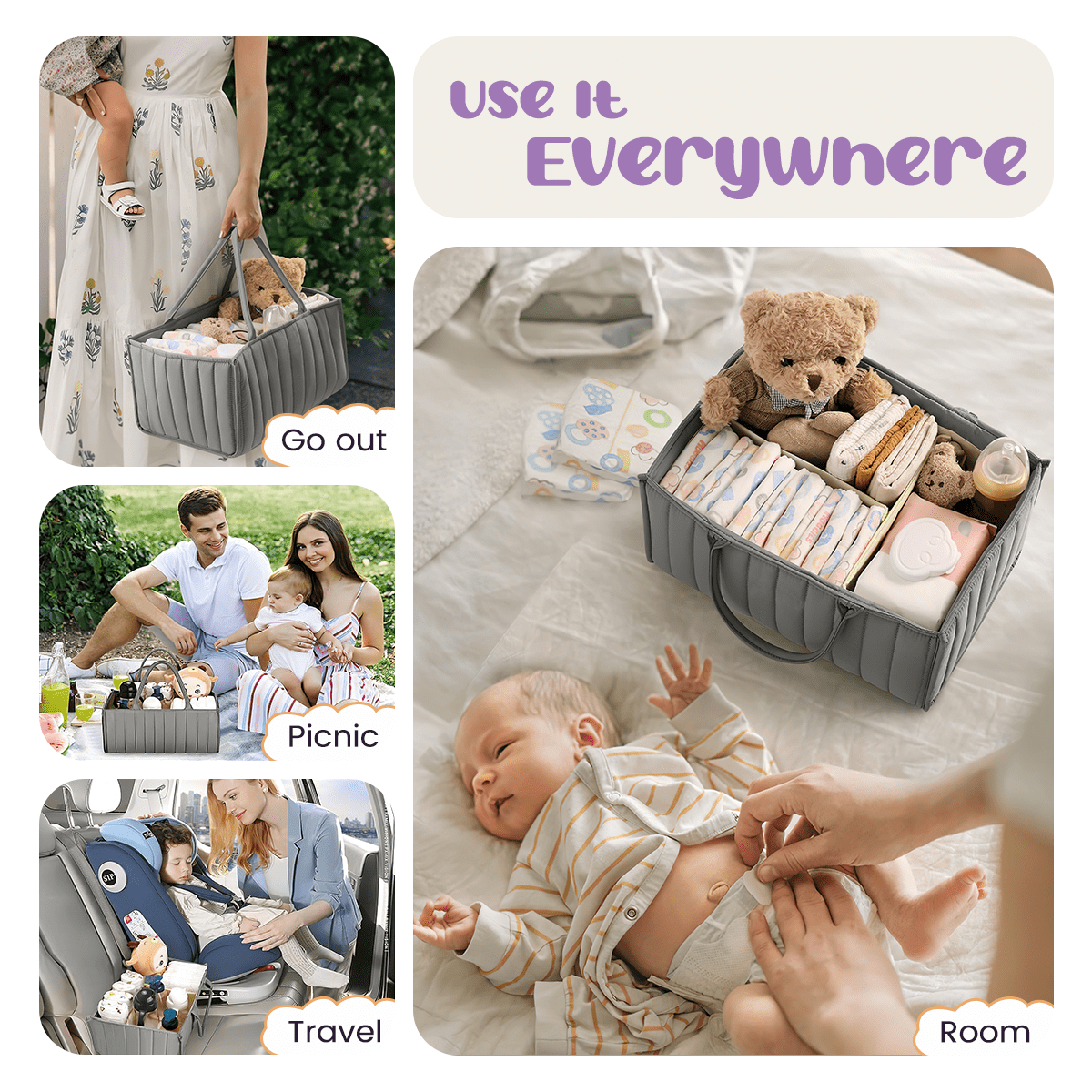 Baby Diaper Caddy Basket Organizer-Sturdy, Breathable & Washable, Large Organizer Tote Bag  for changing table, Diaper Nursery Storage Organizer for Baby Stuff, Baby Shower Gifts for Newborn, Gray