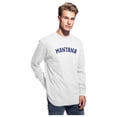 thumbnail image 2 of Daxton Retro Montana Arch Font Long Sleeves T Shirt Soft Medium Weight Cotton, White Tee Navy Font, M, 2 of 2