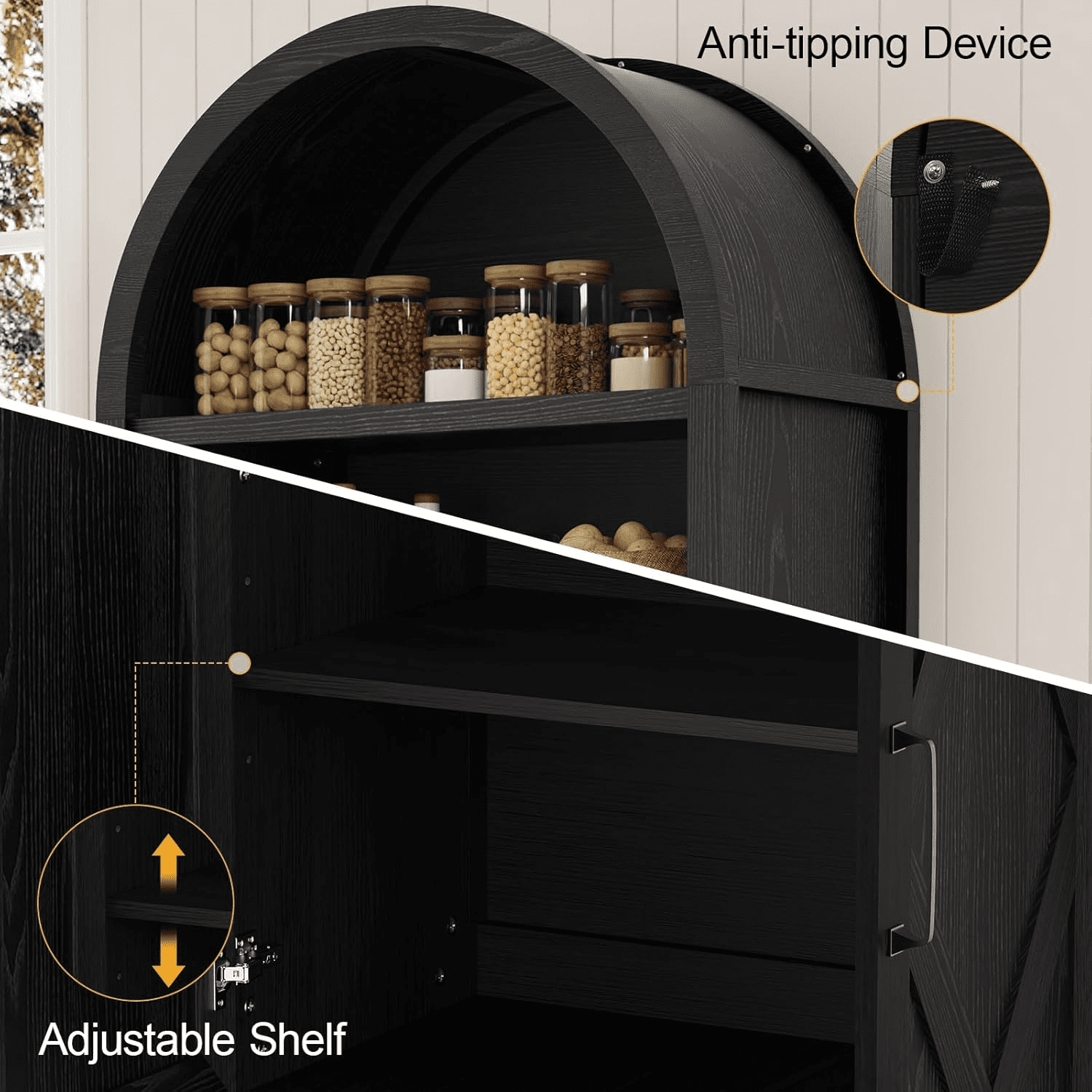 Vipbear 70" Arched Cabinet, 5 Tier Arch Bookcase, Tall Pantry Wood Display Cabinet with Doors&Adjustable Shelve for Living Bed Room Kitchen